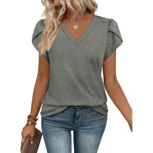 image:imageWIHOLL Womens Tops V Neck Summer Petal Sleeve Casual TshirtsGrey