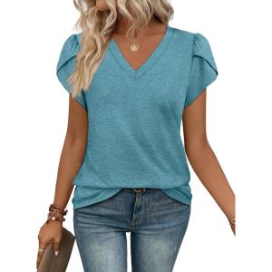 image:imageWIHOLL Womens Tops V Neck Summer Petal Sleeve Casual TshirtsGreygreen