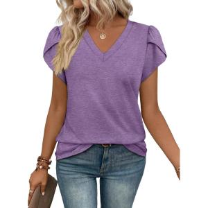 image:imageWIHOLL Womens Tops V Neck Summer Petal Sleeve Casual TshirtsLavender