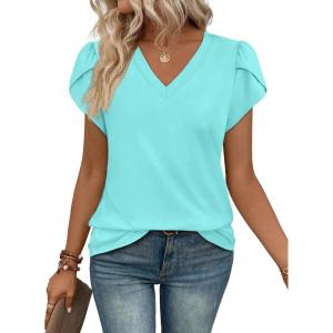 image:imageWIHOLL Womens Tops V Neck Summer Petal Sleeve Casual TshirtsLightgreen
