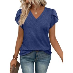 image:imageWIHOLL Womens Tops V Neck Summer Petal Sleeve Casual TshirtsNavy