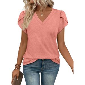 image:imageWIHOLL Womens Tops V Neck Summer Petal Sleeve Casual TshirtsPink