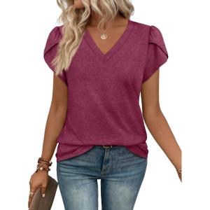 image:imageWIHOLL Womens Tops V Neck Summer Petal Sleeve Casual TshirtsPurple