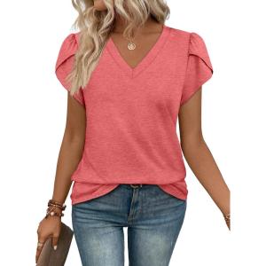 image:imageWIHOLL Womens Tops V Neck Summer Petal Sleeve Casual TshirtsRed