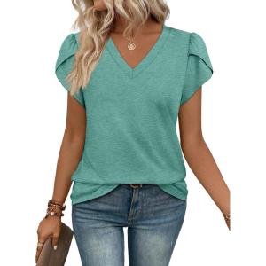image:imageWIHOLL Womens Tops V Neck Summer Petal Sleeve Casual TshirtsSeagreen