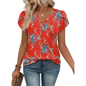 image:imageWIHOLL Womens Tops V Neck Summer Petal Sleeve Casual TshirtsZ2floral Red