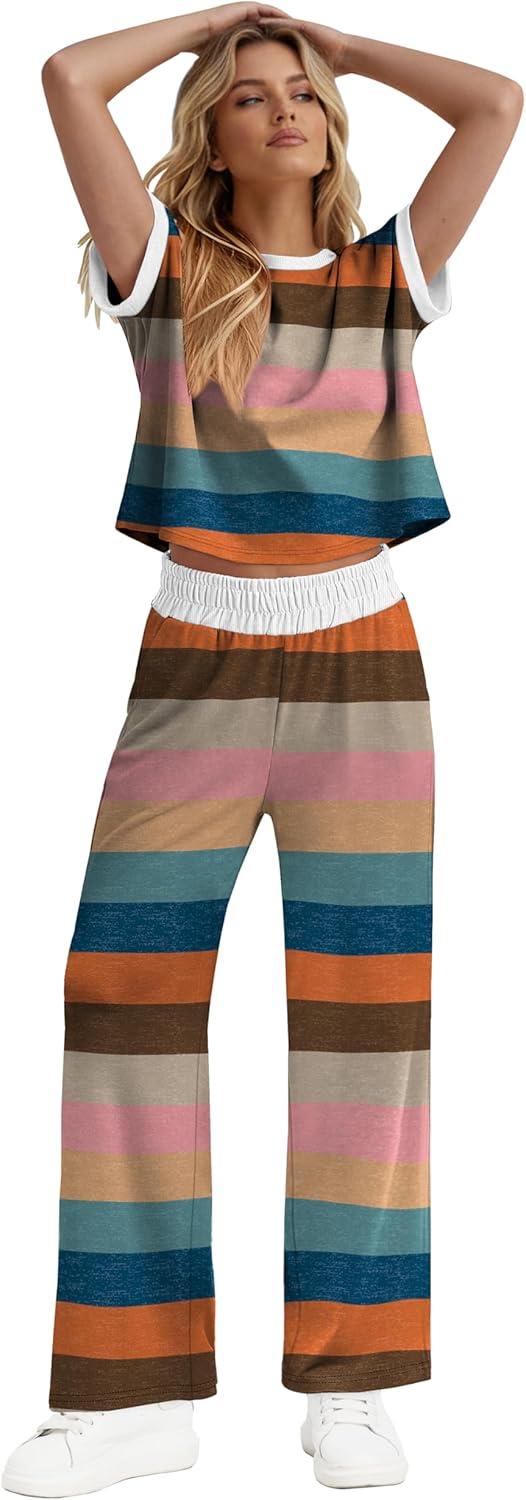 image:imageWIHOLL Two Piece Sets for Women Summer Spring Outfits Travel Cruise Resort Wear 2026 Beach Vacation Wide Leg Pants SetColorful Stripe