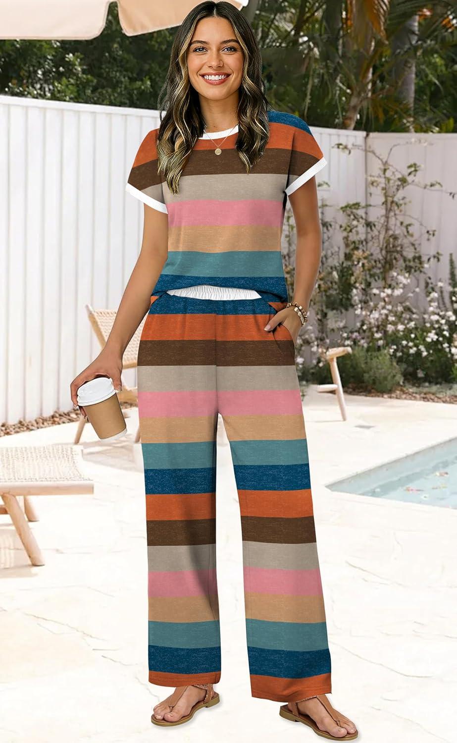 image:imageWIHOLL Two Piece Sets for Women Summer Spring Outfits Travel Cruise Resort Wear 2026 Beach Vacation Wide Leg Pants SetColorful Stripe