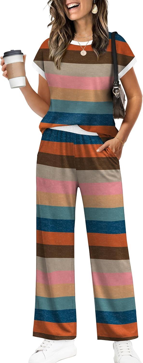 image:imageWIHOLL Two Piece Sets for Women Summer Spring Outfits Travel Cruise Resort Wear 2026 Beach Vacation Wide Leg Pants SetColorful Stripe