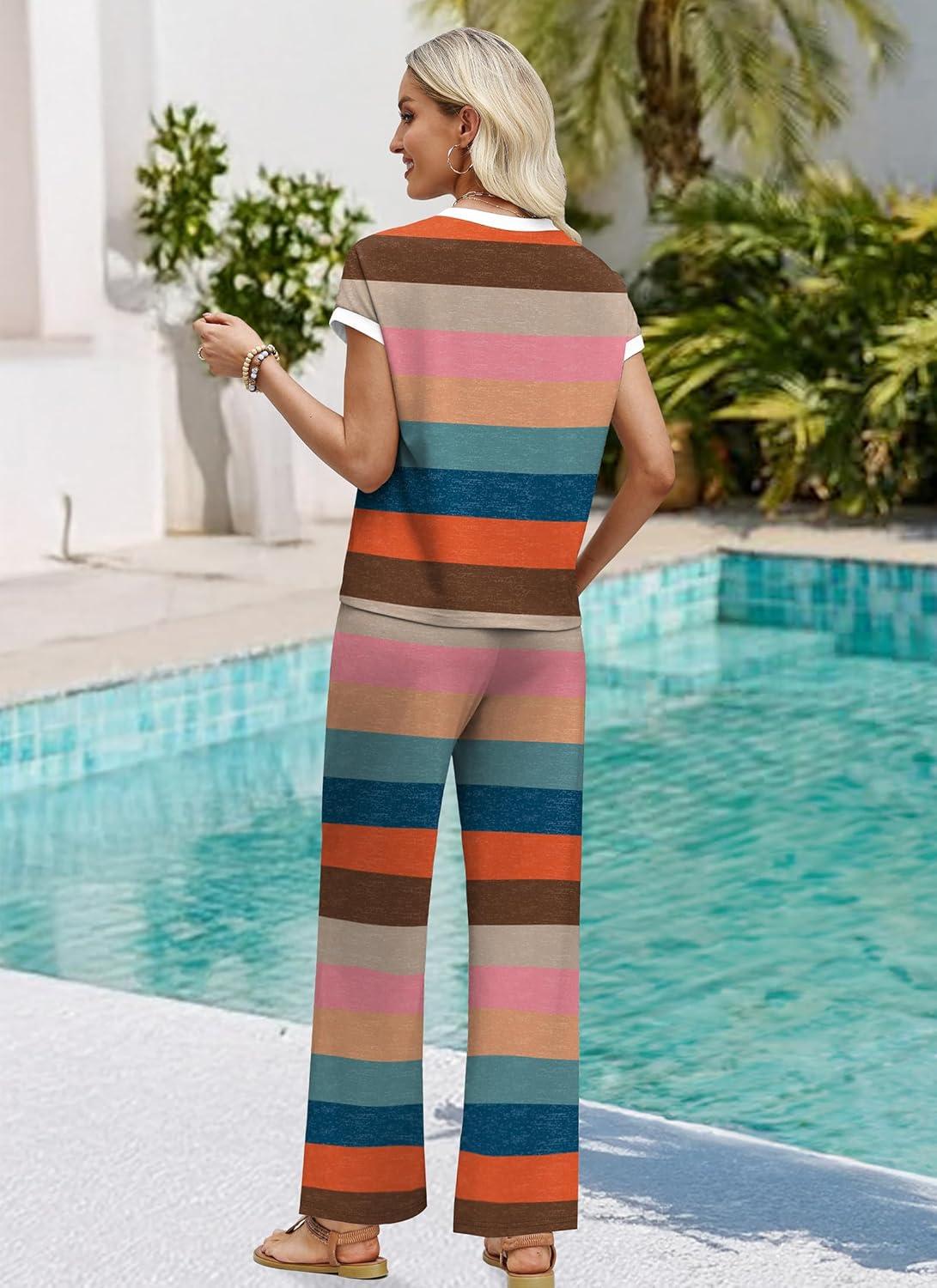 image:imageWIHOLL Two Piece Sets for Women Summer Spring Outfits Travel Cruise Resort Wear 2026 Beach Vacation Wide Leg Pants SetColorful Stripe