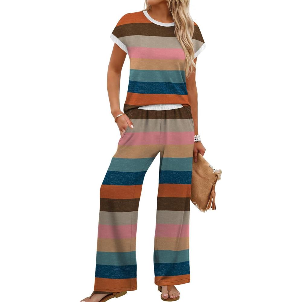 image:imageWIHOLL Two Piece Sets for Women Summer Spring Outfits Travel Cruise Resort Wear 2026 Beach Vacation Wide Leg Pants SetColorful Stripe