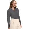image:imageWIHOLL Womens Polo Shirts Long Sleeve Business Casual Tops Collared V Neck Ribbed Knit Sweater Slim Fit BlousesDark Gray