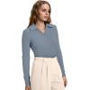 image:imageWIHOLL Womens Polo Shirts Long Sleeve Business Casual Tops Collared V Neck Ribbed Knit Sweater Slim Fit BlousesDusty Blue