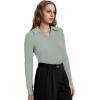 image:imageWIHOLL Womens Polo Shirts Long Sleeve Business Casual Tops Collared V Neck Ribbed Knit Sweater Slim Fit BlousesSage Green