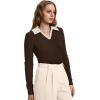 image:imageWIHOLL Womens Polo Shirts Long Sleeve Business Casual Tops Collared V Neck Ribbed Knit Sweater Slim Fit BlousesZchocolate Brownapricot