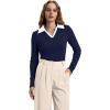 image:imageWIHOLL Womens Polo Shirts Long Sleeve Business Casual Tops Collared V Neck Ribbed Knit Sweater Slim Fit BlousesZnavy Bluewhite
