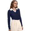 image:imageWIHOLL Womens Polo Shirts Long Sleeve Business Casual Tops Collared V Neck Ribbed Knit Sweater Slim Fit BlousesZnavy Bluewhite