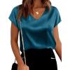 image:imageWIHOLL Womens Satin Summer Tops Cap Short Sleeve Blouses V Neck Shirts Business Casual Outfits Fashion Clothing 2026Peacock Blue