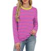 image:imageWIHOLL Womens Striped Long Sleeve Shirts Spring Outfits 2026 Color Block Tops Fashion Clothing Ribbed Crewneck Tee BlousesBhot Pink