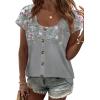 image:imageWIHOLL Womens Summer Tops Cap Short Sleeve Shirts Button Down Blouses U Neck T Shirts Fashion ClothingLeaf Print