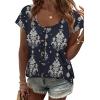 image:imageWIHOLL Womens Summer Tops Cap Short Sleeve Shirts Button Down Blouses U Neck T Shirts Fashion ClothingNavy Printed