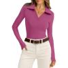 image:imageWIHOLL Womens Polo Shirts Long Sleeve Business Casual Tops Collared V Neck Ribbed Knit Sweater Slim Fit BlousesHot Pink