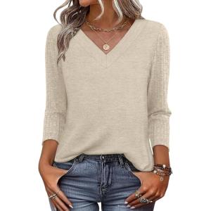image:imageWIHOLL 34 Length Sleeve Womens Tops Lightweight Spring Outfits Plus Size Casual Summer TShirtsBeige