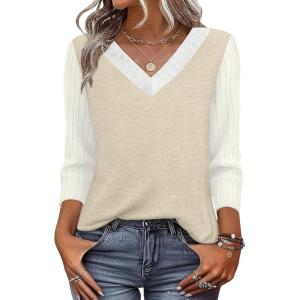 image:imageWIHOLL 34 Length Sleeve Womens Tops Lightweight Spring Outfits Plus Size Casual Summer TShirtsBeige White