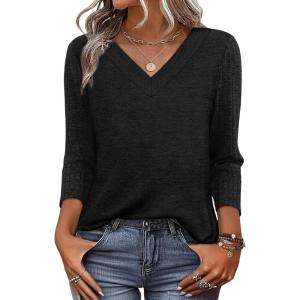 image:imageWIHOLL 34 Length Sleeve Womens Tops Lightweight Spring Outfits Plus Size Casual Summer TShirtsBlack