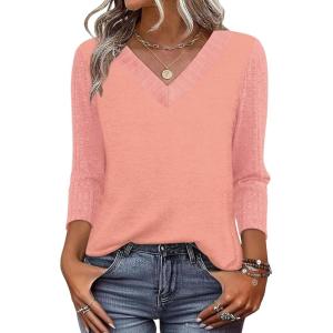image:imageWIHOLL 34 Length Sleeve Womens Tops Lightweight Spring Outfits Plus Size Casual Summer TShirtsCoral