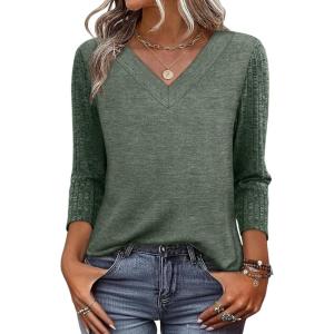 image:imageWIHOLL 34 Length Sleeve Womens Tops Lightweight Spring Outfits Plus Size Casual Summer TShirtsGreen