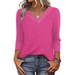 image:imageWIHOLL 34 Length Sleeve Womens Tops Lightweight Spring Outfits Plus Size Casual Summer TShirtsHot Pink