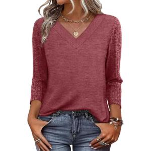 image:imageWIHOLL 34 Length Sleeve Womens Tops Lightweight Spring Outfits Plus Size Casual Summer TShirtsRed