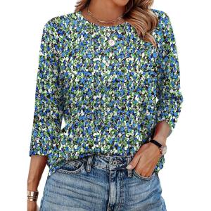 image:imageWIHOLL 34 Length Sleeve Womens Tops Summer Basic Business Casual Blouses 2025 FashionDpatternedfloral Blue