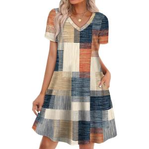 image:imageWIHOLL Boho Summer Dresses for Women Casual Loose T Shirt Dress with Pockets Beach Vacation Outfits S4XL03orange and Blue Plaid