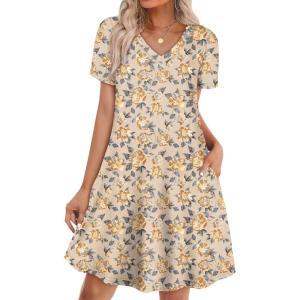 image:imageWIHOLL Boho Summer Dresses for Women Casual Loose T Shirt Dress with Pockets Beach Vacation Outfits S4XL05khaki Floral