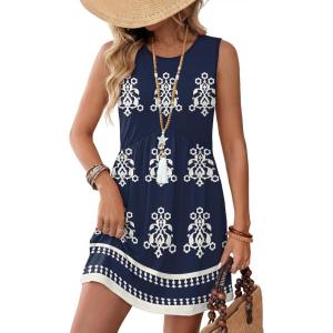 image:imageWIHOLL Dresses for Women 2026 Summer Casual Babydoll Crewneck Short Dress Spring Sleeveless Sundress with PocketsBoho Navy