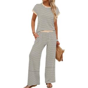 image:imageWIHOLL Two Piece Sets for Women Summer Spring Outfits Travel Cruise Resort Wear 2026 Beach Vacation Wide Leg Pants SetBeige Black Stripe