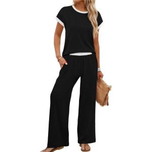 image:imageWIHOLL Two Piece Sets for Women Summer Spring Outfits Travel Cruise Resort Wear 2026 Beach Vacation Wide Leg Pants SetBlack