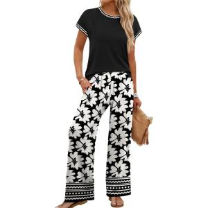 image:imageWIHOLL Two Piece Sets for Women Summer Spring Outfits Travel Cruise Resort Wear 2026 Beach Vacation Wide Leg Pants SetBlack Flower