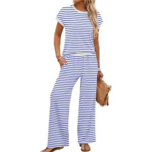 image:imageWIHOLL Two Piece Sets for Women Summer Spring Outfits Travel Cruise Resort Wear 2026 Beach Vacation Wide Leg Pants SetBlue Stripe