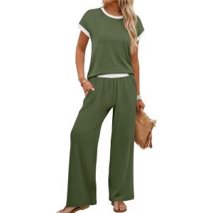 image:imageWIHOLL Two Piece Sets for Women Summer Spring Outfits Travel Cruise Resort Wear 2026 Beach Vacation Wide Leg Pants SetGreen