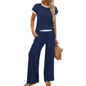 image:imageWIHOLL Two Piece Sets for Women Summer Spring Outfits Travel Cruise Resort Wear 2026 Beach Vacation Wide Leg Pants SetNavy Blue