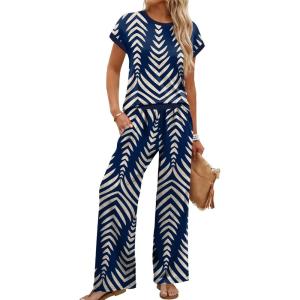 image:imageWIHOLL Two Piece Sets for Women Summer Spring Outfits Travel Cruise Resort Wear 2026 Beach Vacation Wide Leg Pants SetNavy Print