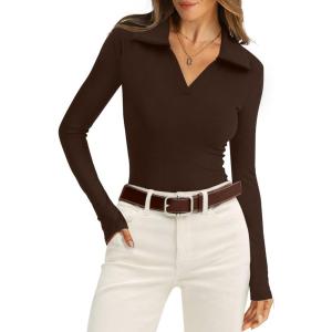 image:imageWIHOLL Womens Polo Shirts Long Sleeve Business Casual Tops Collared V Neck Ribbed Knit Sweater Slim Fit BlousesCoffee