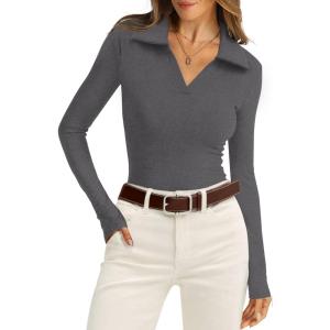 image:imageWIHOLL Womens Polo Shirts Long Sleeve Business Casual Tops Collared V Neck Ribbed Knit Sweater Slim Fit BlousesDark Gray