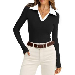 image:imageWIHOLL Womens Polo Shirts Long Sleeve Business Casual Tops Collared V Neck Ribbed Knit Sweater Slim Fit BlousesZblackwhite