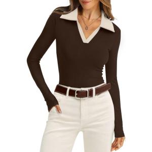 image:imageWIHOLL Womens Polo Shirts Long Sleeve Business Casual Tops Collared V Neck Ribbed Knit Sweater Slim Fit BlousesZchocolate Brownapricot