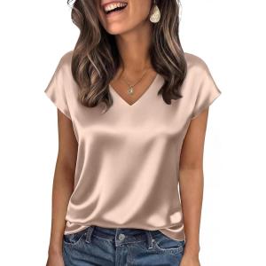 image:imageWIHOLL Womens Satin Summer Tops Cap Short Sleeve Blouses V Neck Shirts Business Casual Outfits Fashion Clothing 2026All Khaki