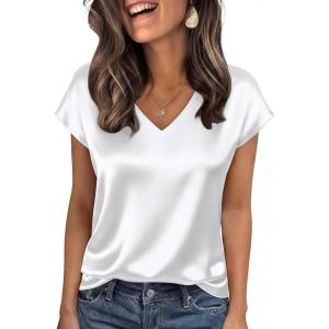 image:imageWIHOLL Womens Satin Summer Tops Cap Short Sleeve Blouses V Neck Shirts Business Casual Outfits Fashion Clothing 2026All White